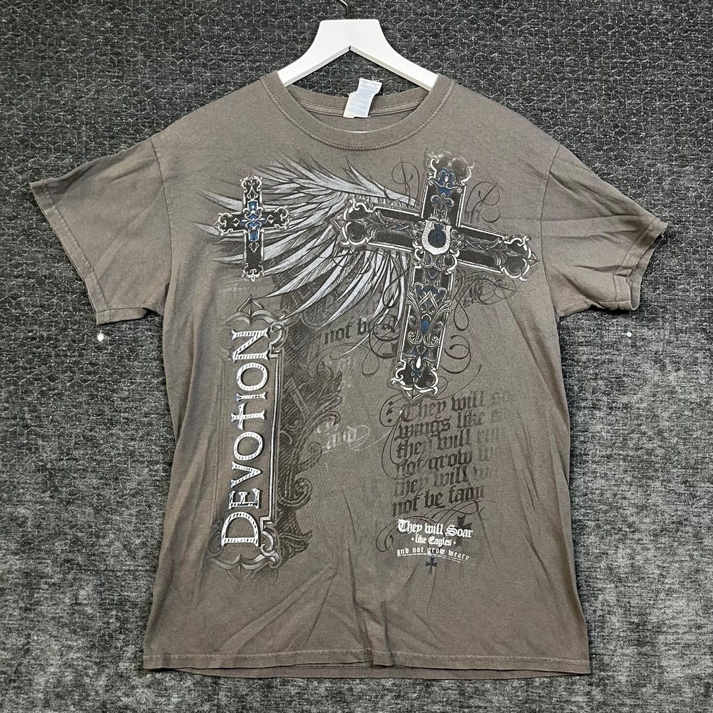 Gildan Devotion Cross Graphic T-Shirt Men's Gray Cotton Short Sleeve - Medium